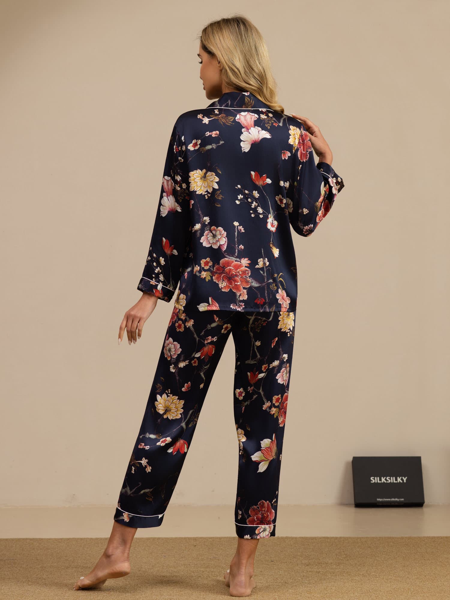 [Marine Bloemen] SilkSilky-NL Lange Mouw Dames Pyjama Set 002