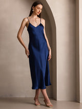 [Donkerblauw] SilkSilky-NL Spaghetti Strap V Neck Jurk 005