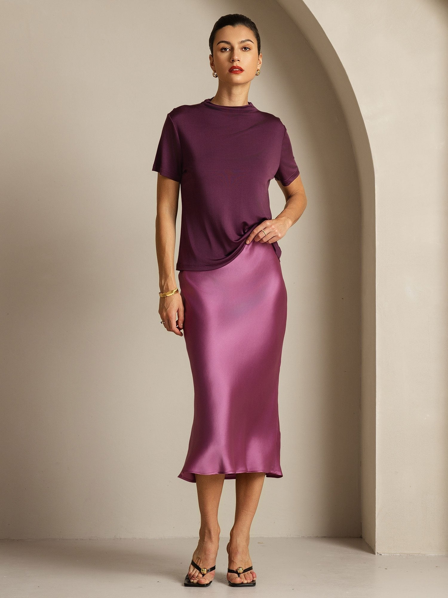[Paars] SilkSilky-NL Zijde Kraag Dames T-Shirt 007