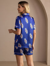[Marine Zeepaardje] SilkSilky-NL Short Sleeve Lapel Collar Dames Pyjama Set 002
