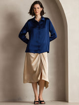 [Donkerblauw] SilkSilky-NL Long Sleeve Lapel Collar Dames Blouse 004