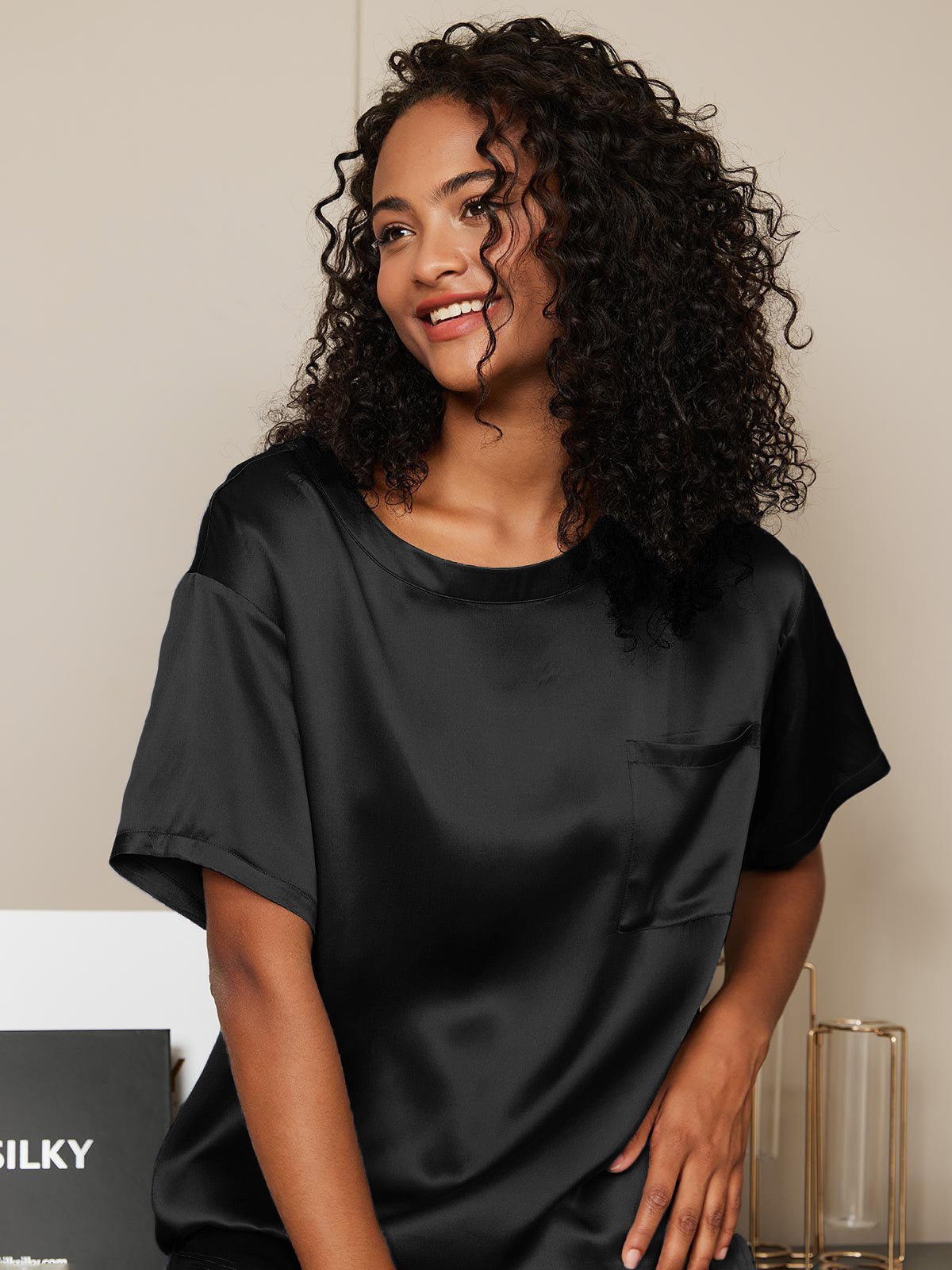 [Zwart] SilkSilky-NL Ronde Hals Dames Pyjama Set 003