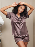 SilkSilky-NL Korte Mouw Revers Dames Pyjama Set Koffie 004