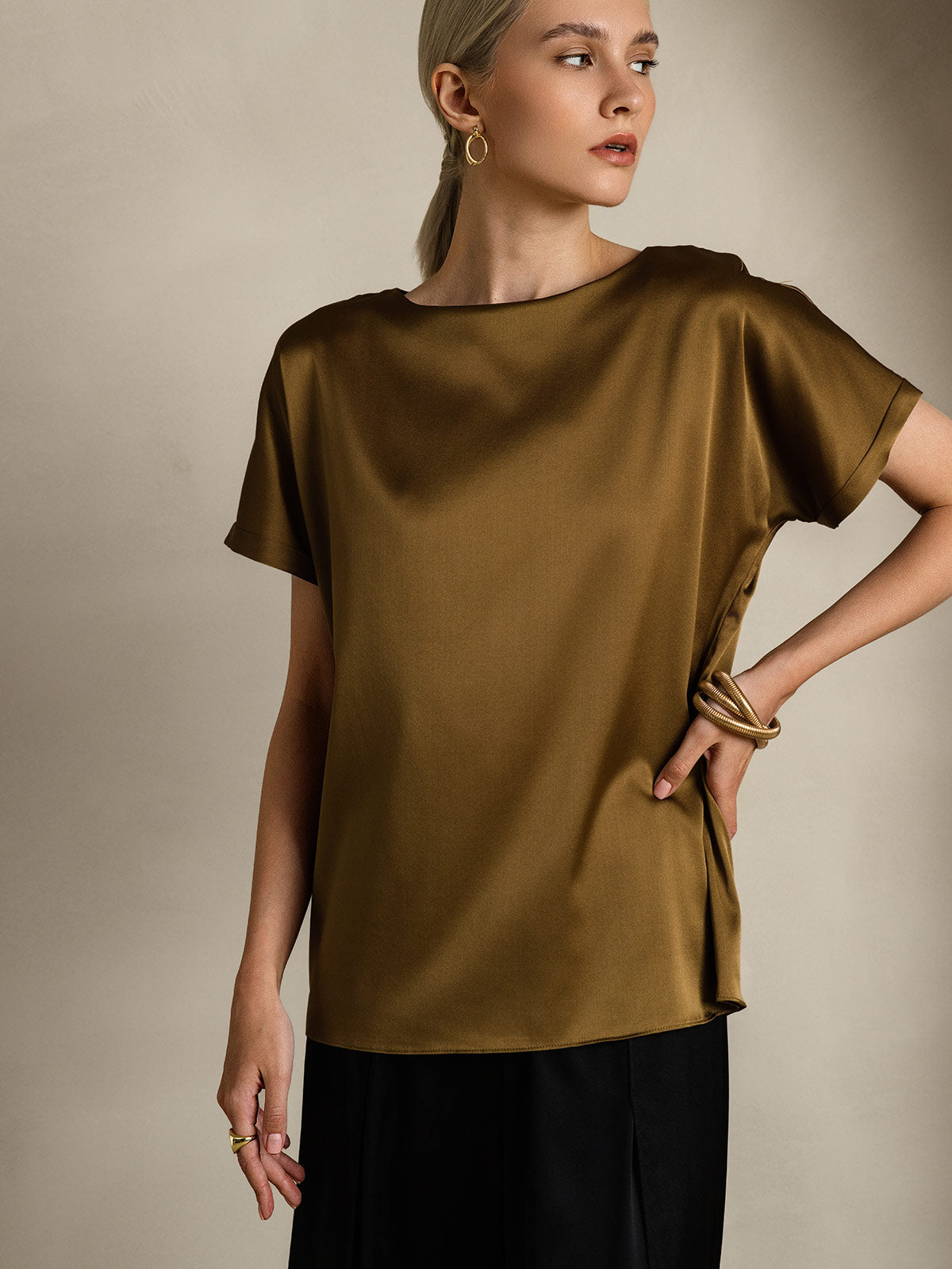 [Bruin] SilkSilky-NL 19Momme Zijde Ronde Hals Dames T-Shirt 005