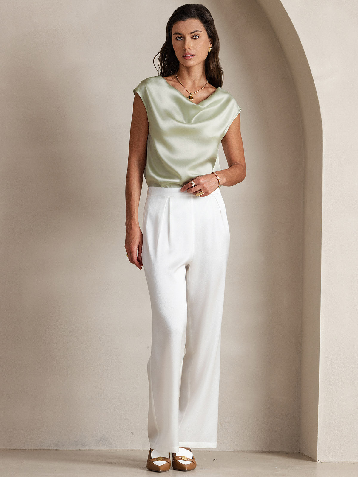 [Lichtgroene] SilkSilky-NL 19Momme Zijde Mouwloos Womens T-Shirt 007