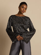 [Stippen] SilkSilky-NL 19Momme Zijde Bell Sleeve Ronde Hals Blouse 001