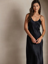 [Zwart] SilkSilky-NL Spaghetti Bandjes V Hals Jurk 003