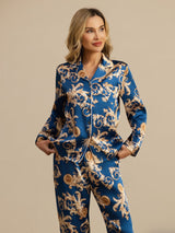 [Navy Draak] SilkSilky-NL Lange Mouw Notchkraag Dames Pyjama Set 006