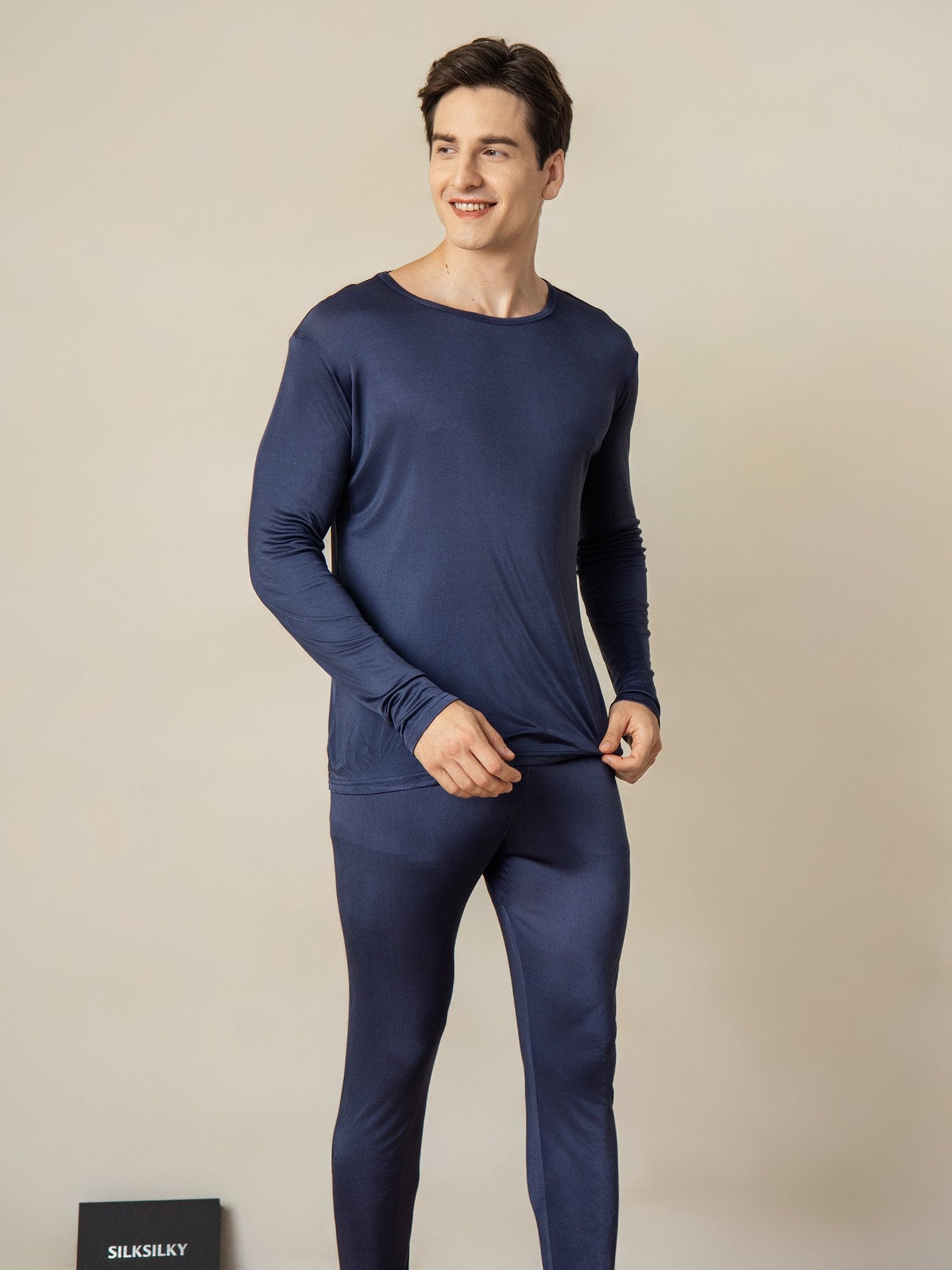 [Donkerblauw] SilkSilky-NL Zijde Mens Pajamas 002
