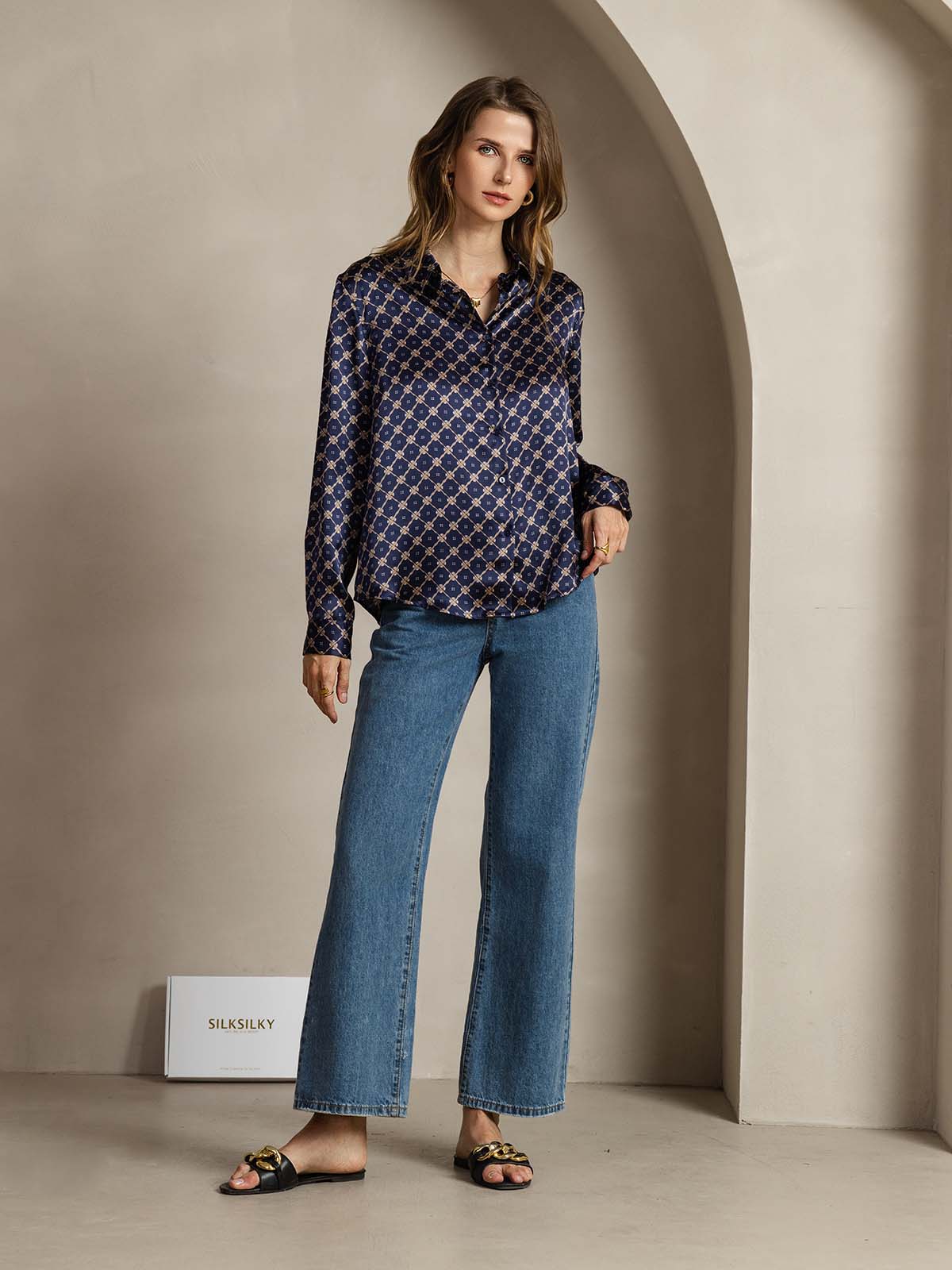 [Marine Ketting] SilkSilky-NL Zijde Lange Mouw Kraag Dames Blouse 008