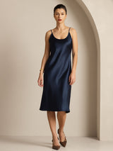 [Donkerblauw] SilkSilky-NL Spaghetti Strap U-hals Jurk 001