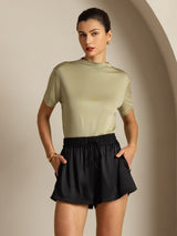 [Gedroogd Kruiden] SilkSilky-NL 100% Silk Jersey Short Sleeve Mock Neck Dames T-Shirt 008