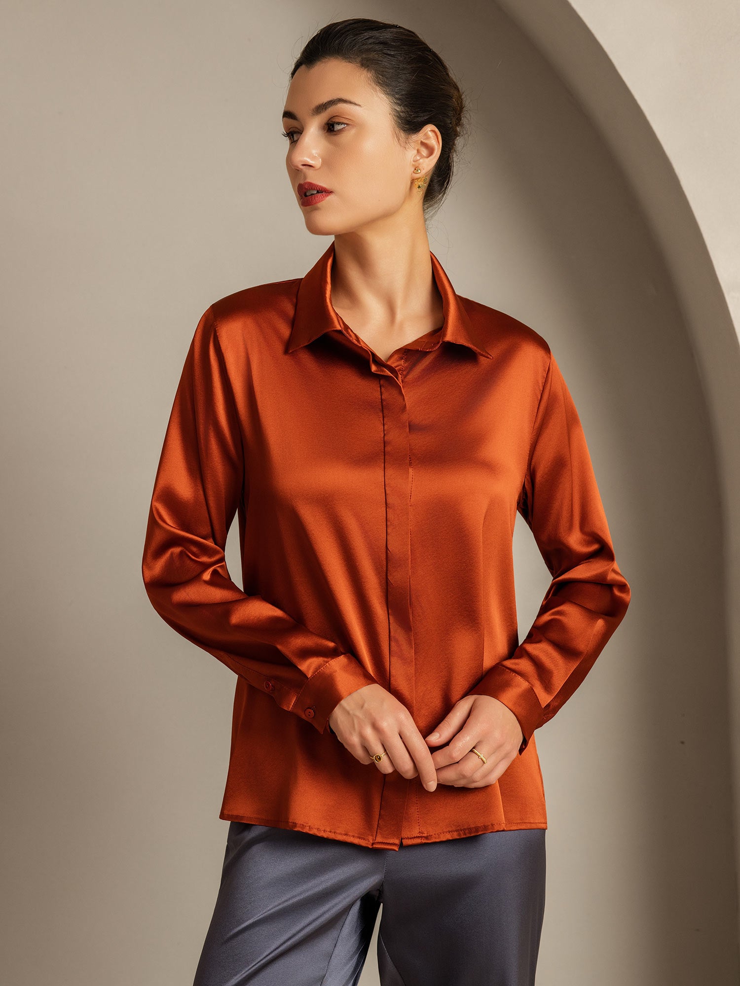 [Karamel] SilkSilky-NL 19Momme Zijde Kraag Dames Blouse 001