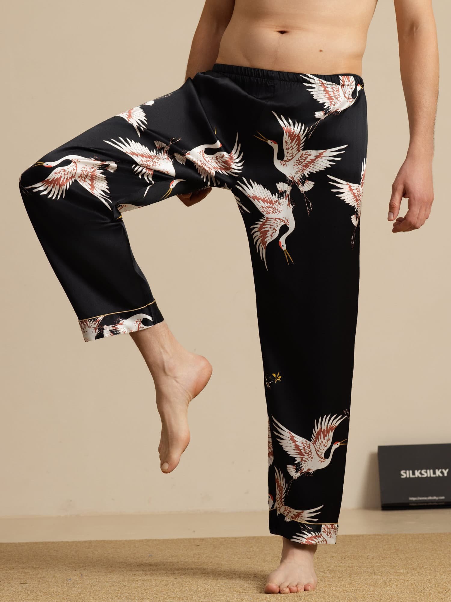 [Zwart] SilkSilky-NL 19Momme Mens Sleep Bottoms 001