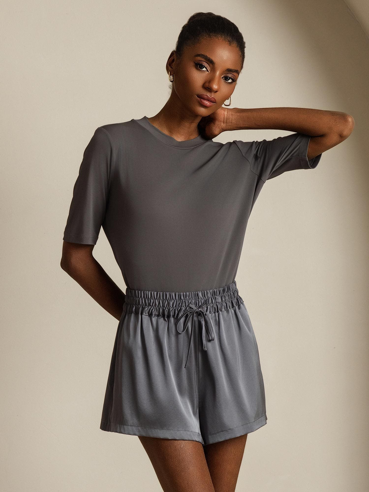 [Grijs] SilkSilky-NL Zijde Ronde Hals Dames T-Shirt 001