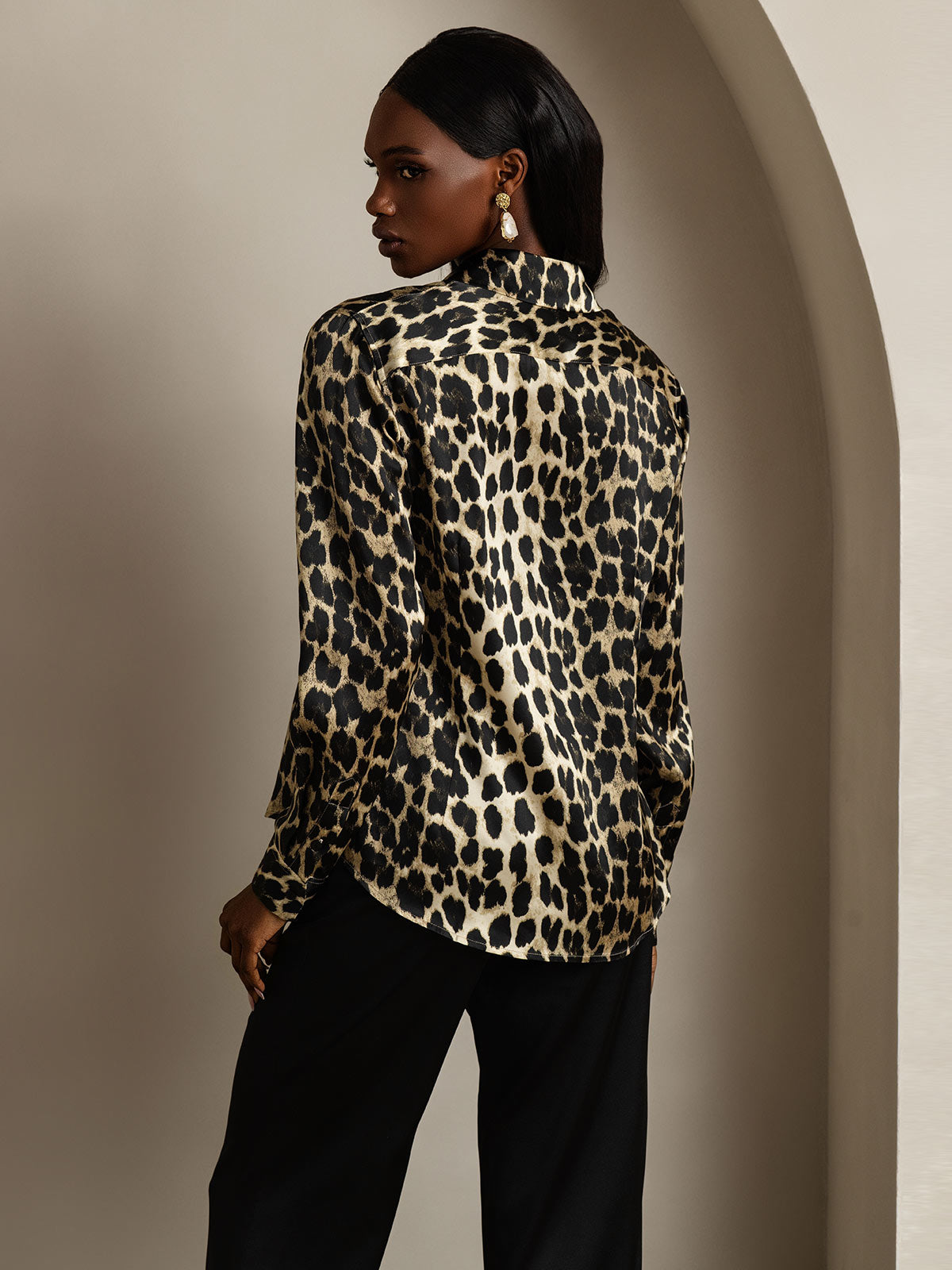 SilkSilky-NL Zijde Lange Mouw Kraag Dames Blouse Leopard 002