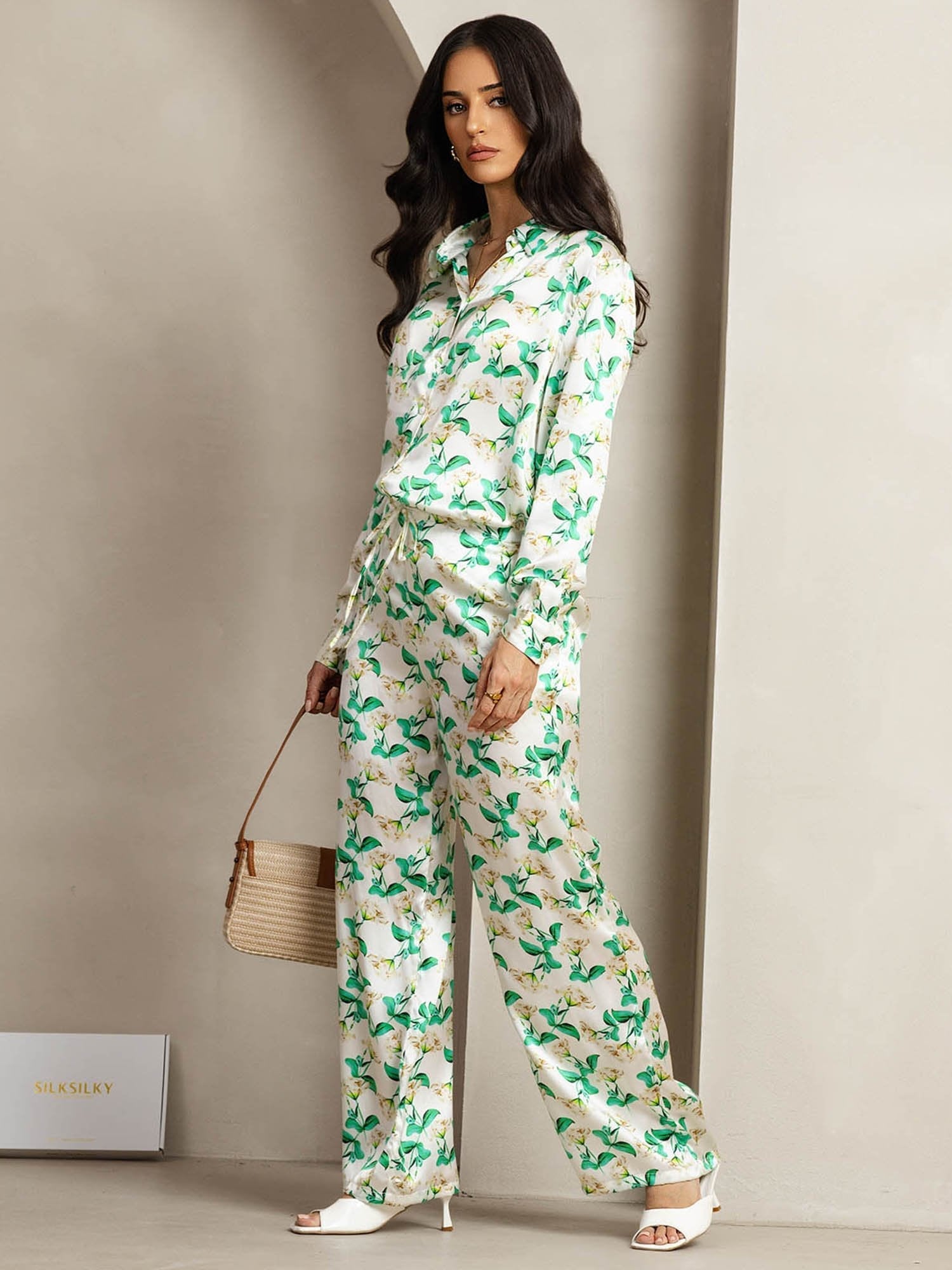 [Groene Bloemen] SilkSilky-NL 19Momme Zijde Kraag Women''s Outfit Sets 003