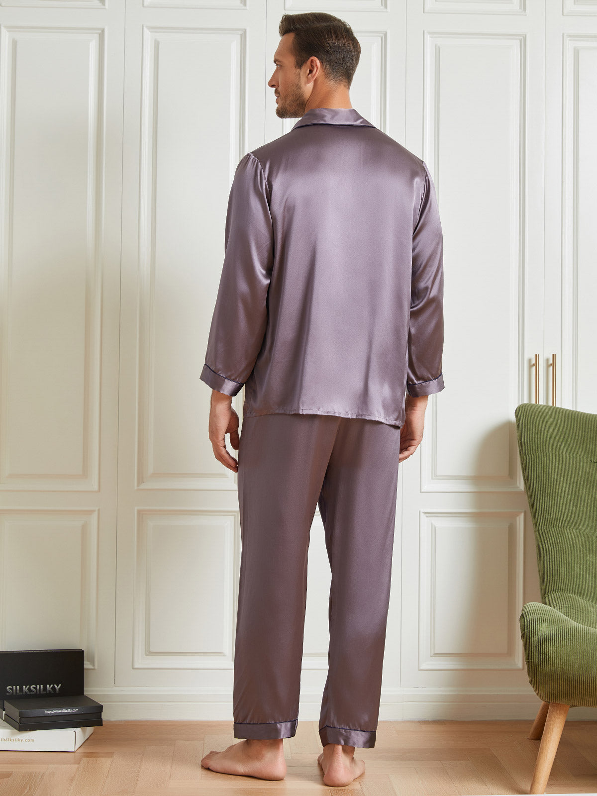 SilkSilky NL 19Momme Pure Silk Lange Mouw Revers Heren Pyjama Set Grijs 002