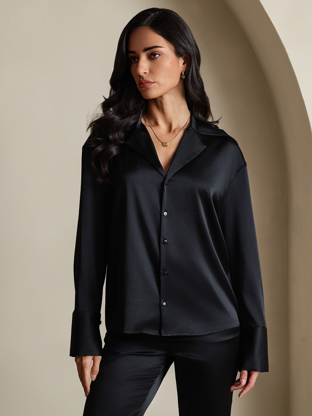 [Zwart] SilkSilky-NL 19Momme Zijde Womens Shirt 004