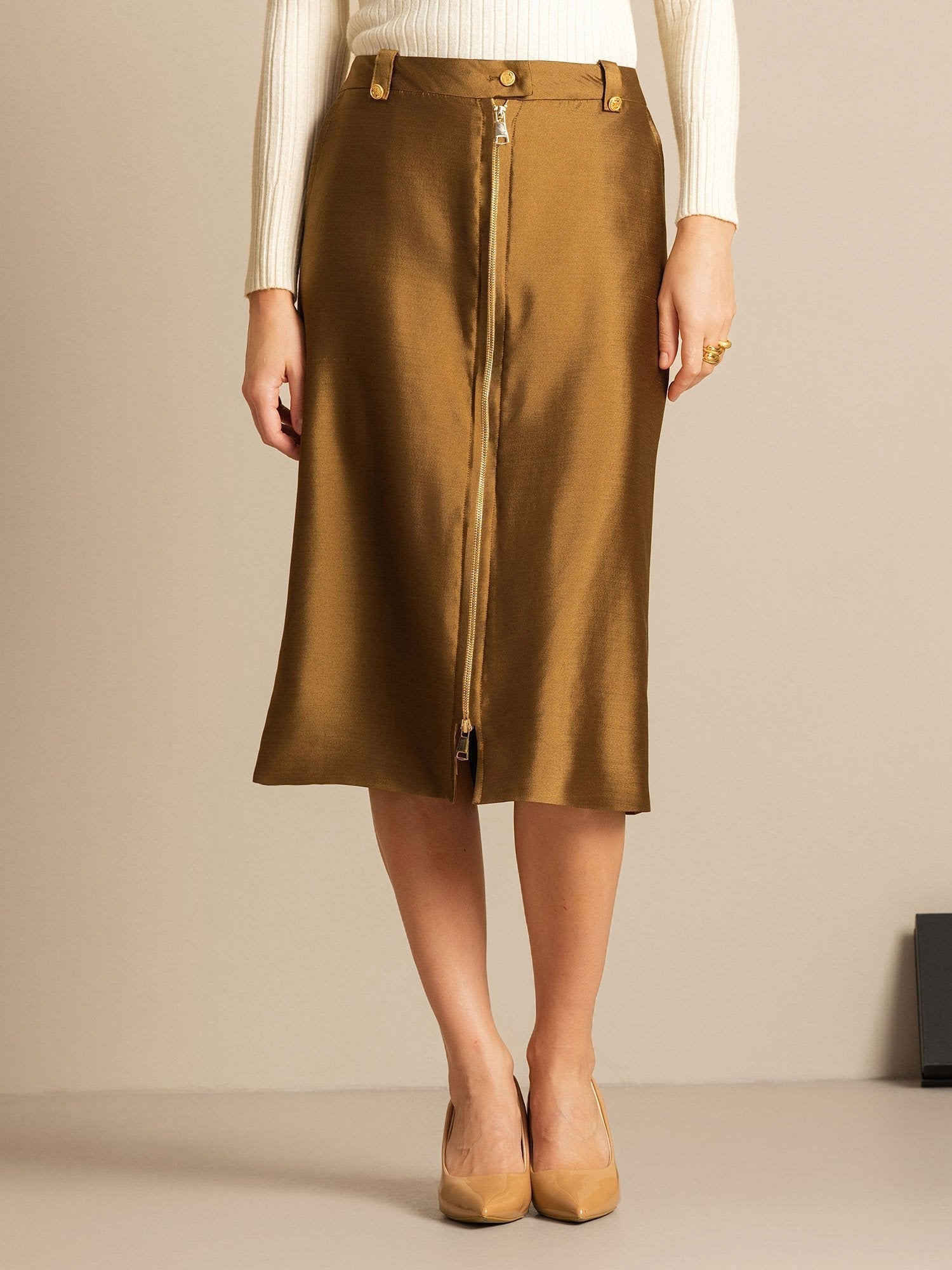 [Brons] SilkSilky-NL 32Momme Silk-Wool Blend Skirt 007,
