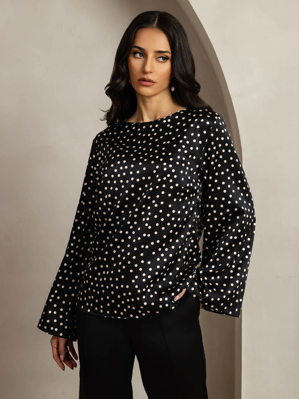 [Stippen] SilkSilky-NL 19Momme Zijde Ronde Hals Dames T-Shirt 001