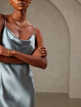 [Grijsachtig Blauw] SilkSilky-NL Spaghetti Strap Cowl Neck Jurk 006