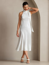[Wit] SilkSilky-NL 19Momme Stretch Silk Charmeuse Sleeveless Tie Neck Jurk 007