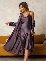 [Paars Grijs] SilkSilky-NL Long Sleeve V Neck Nachthemd&Kamerjas Set 001