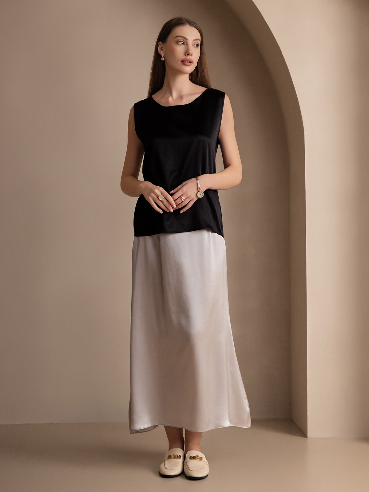 [Zwart] SilkSilky-NL 19Momme Zijde Ronde Hals Cami-Top 005