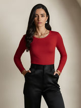 [Wijn] SilkSilky-NL Lange Mouw Ronde Hals Dames T-Shirt 005