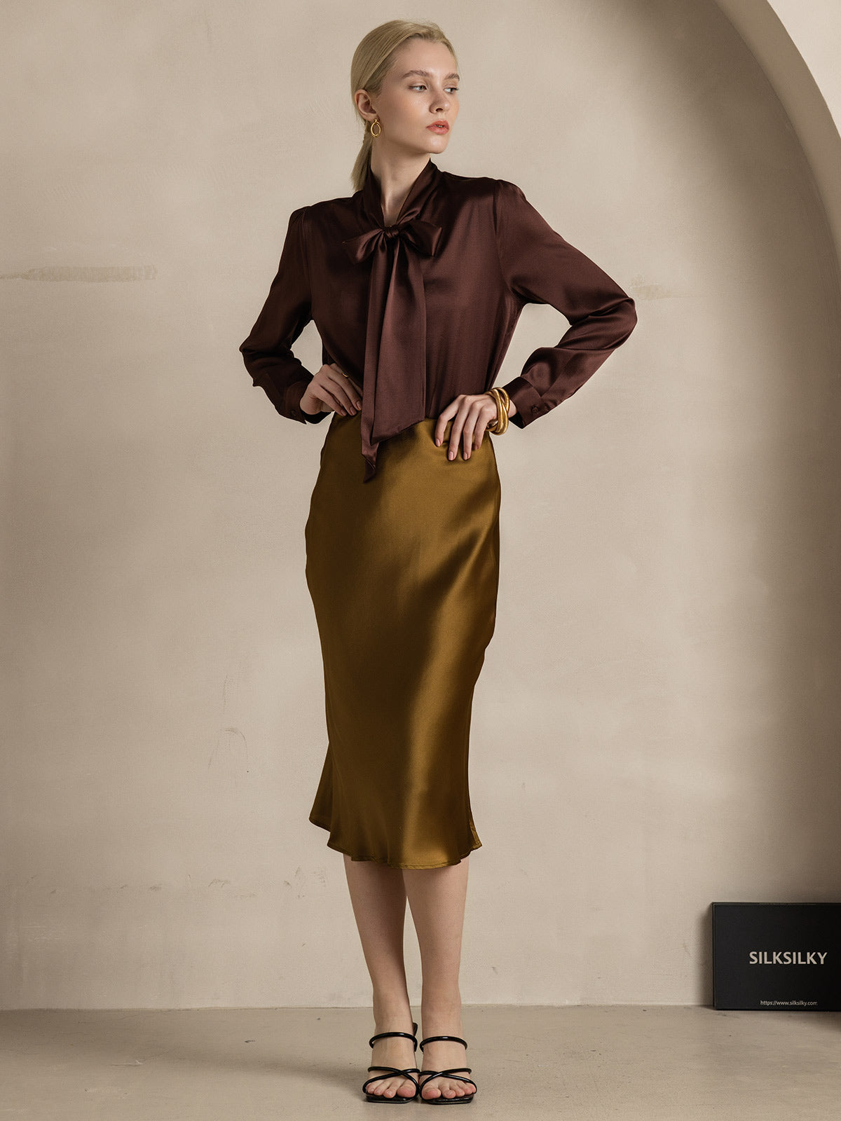 [Koffie] SilkSilky-NL 19Momme Zijde Lange Mouw Binda Hals Dames Blouse 007