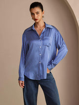 [Blauwe Krijtstreep] SilkSilky-NL Long Sleeve Lapel Collar Dames Blouse 003