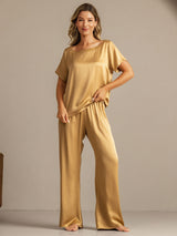 [Tan] SilkSilky-NL 19Momme Korte Mouw Dames Pyjama Set 005