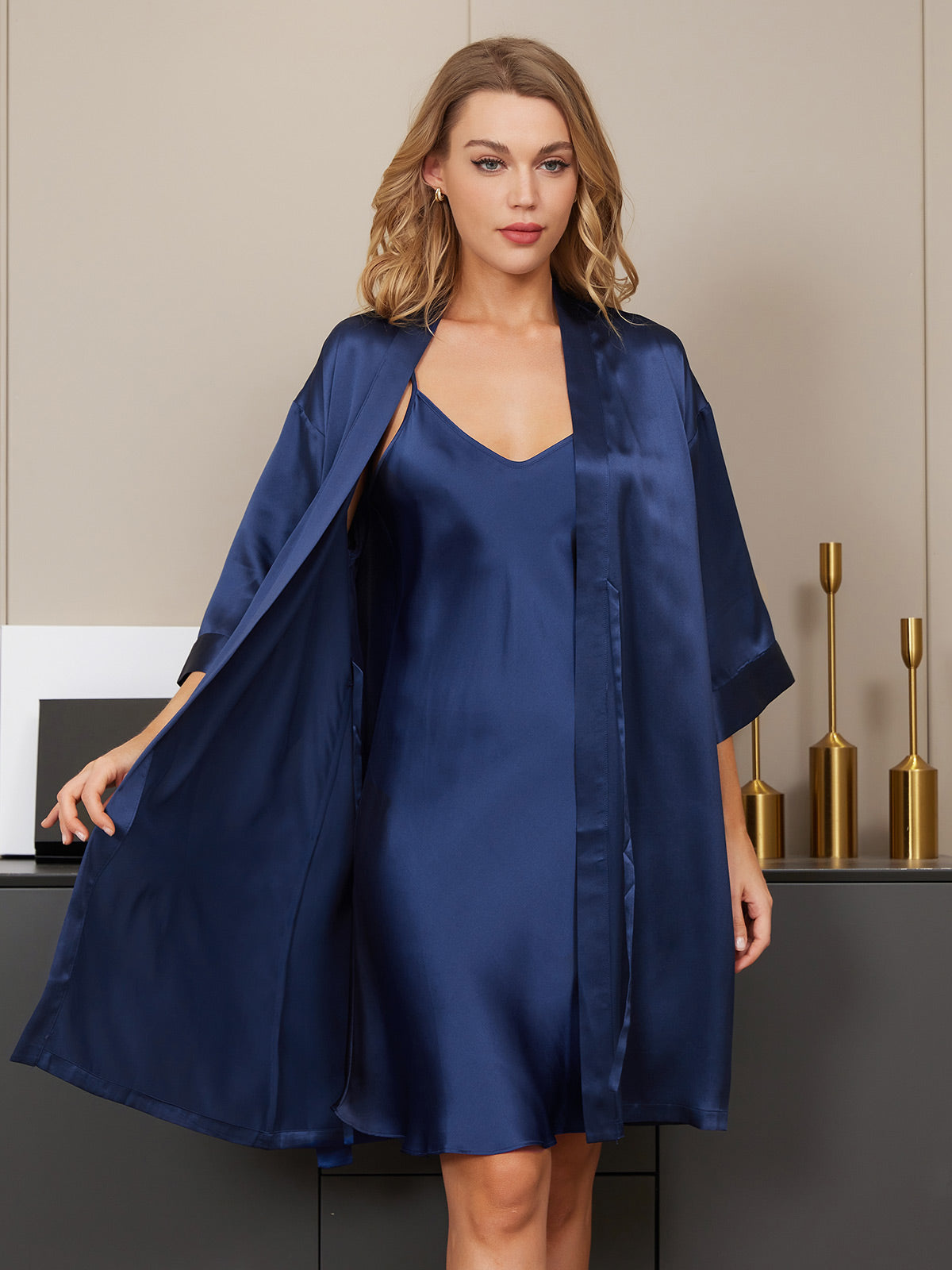 [Donkerblauw] SilkSilky-NL Zijde Nightgown&Robe Set 005