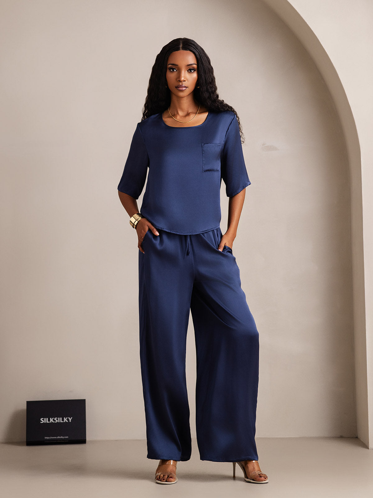 [Donkerblauw] SilkSilky-NL Ronde Hals Dames Pyjama Set 001