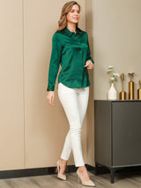 [Donkergroen] SilkSilky-NL Long Sleeve Lapel Collar Dames Blouse 006