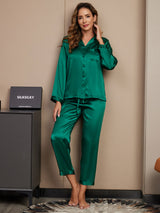 [Groen] SilkSilky-NL Long Sleeve Lapel Collar Dames Pyjama Set 003