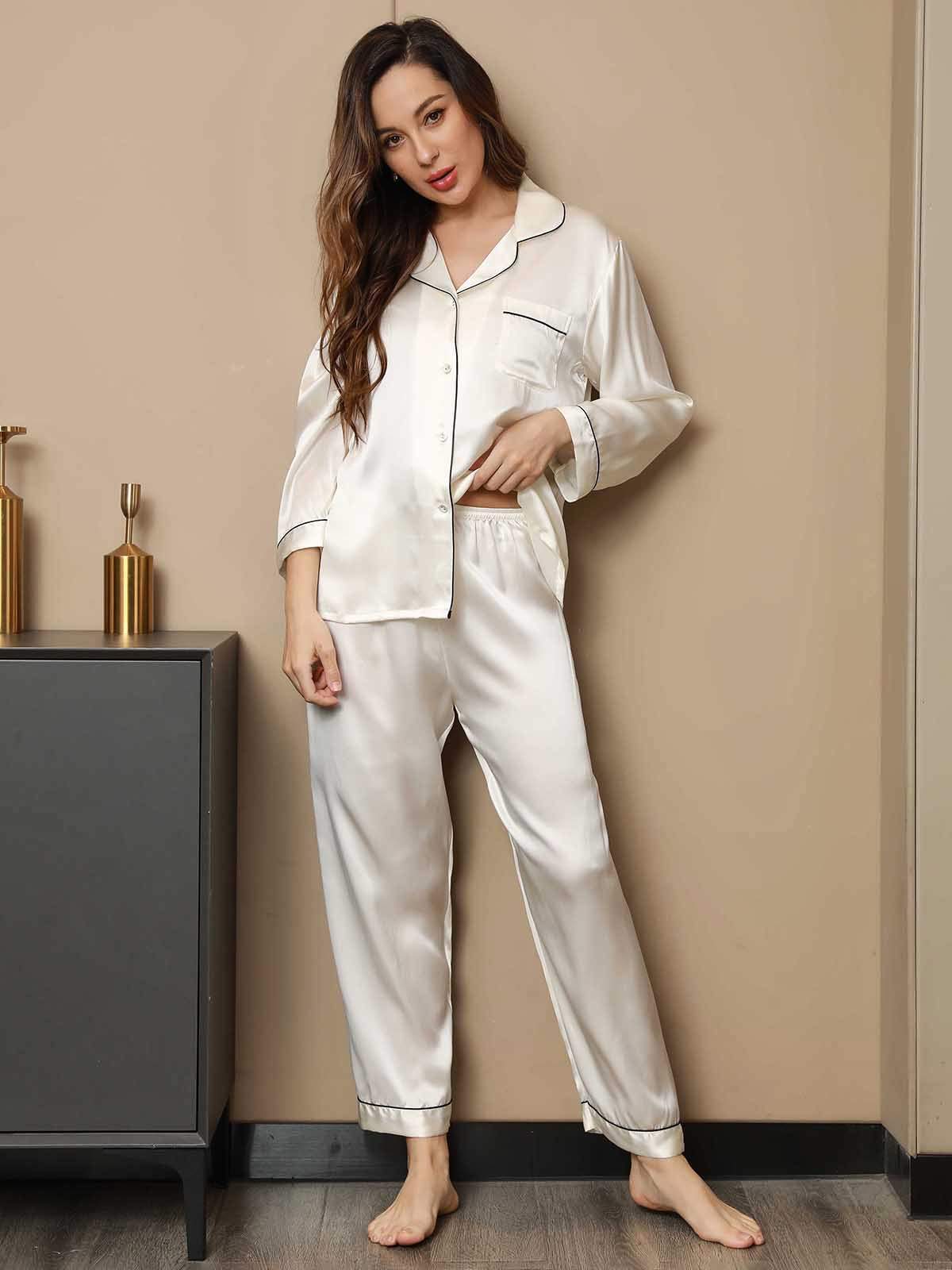 [Wit] SilkSilky-NL Pure Silk Lange Mouw Revers Dames Pyjama Set 003
