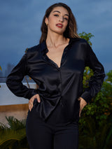 [Zwart] SilkSilky-NL Long Sleeve Lapel Collar Dames Blouse 001