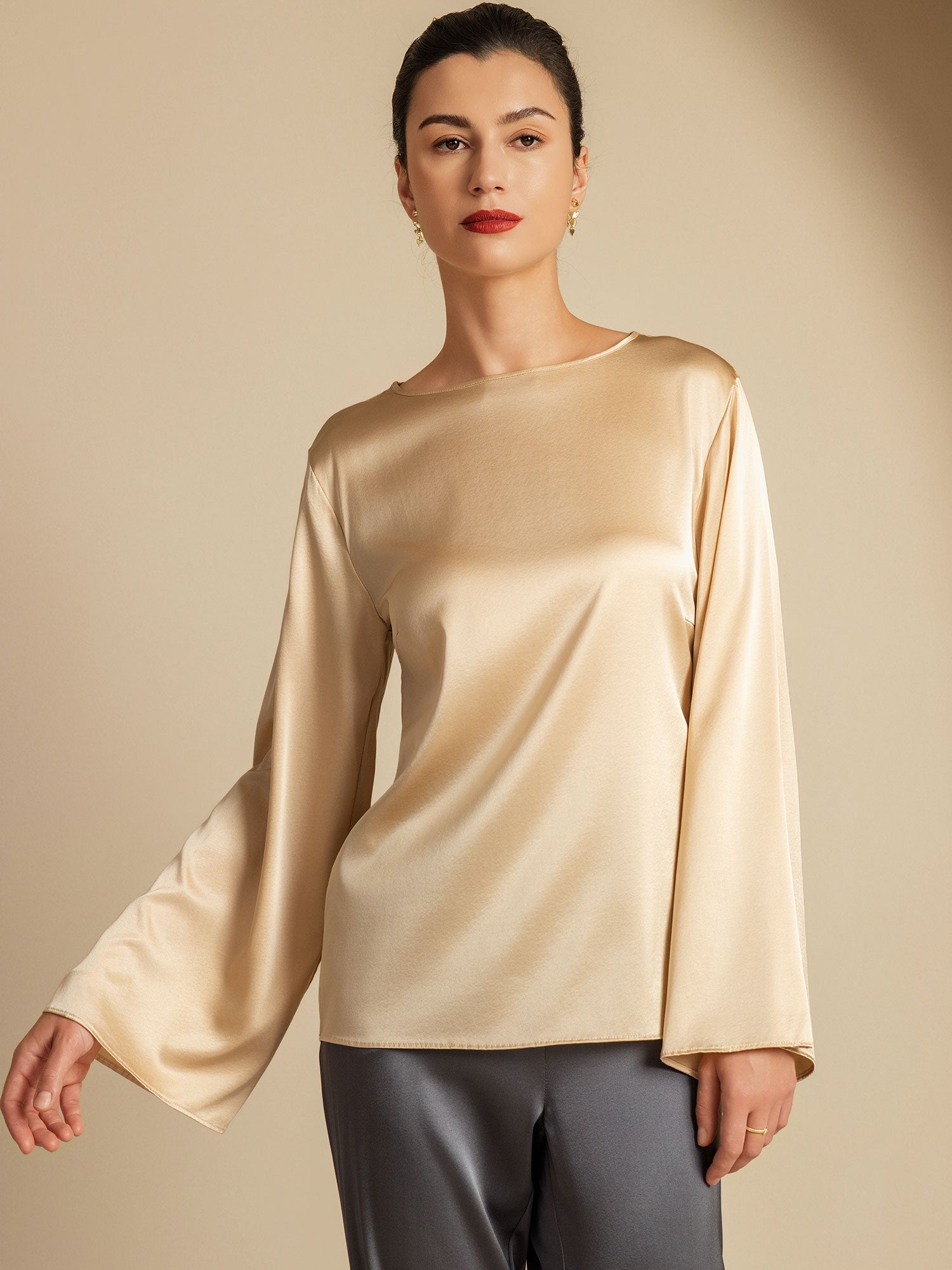 [Champagne] SilkSilky-NL 19Momme Zijde Ronde Hals Dames T-Shirt 001