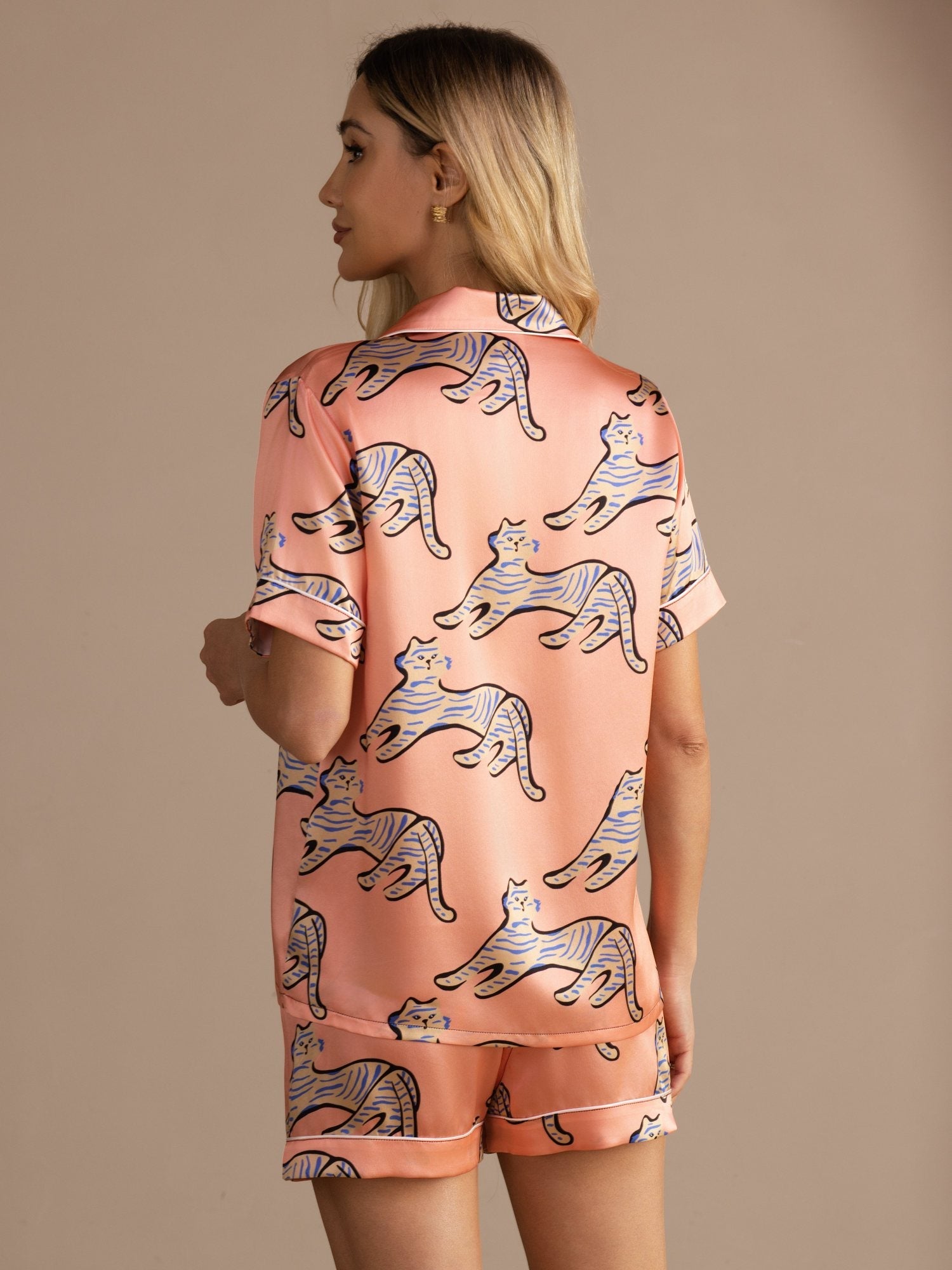 [Roze Kat] SilkSilky-NL Short Sleeve Lapel Collar Dames Pyjama Set 002