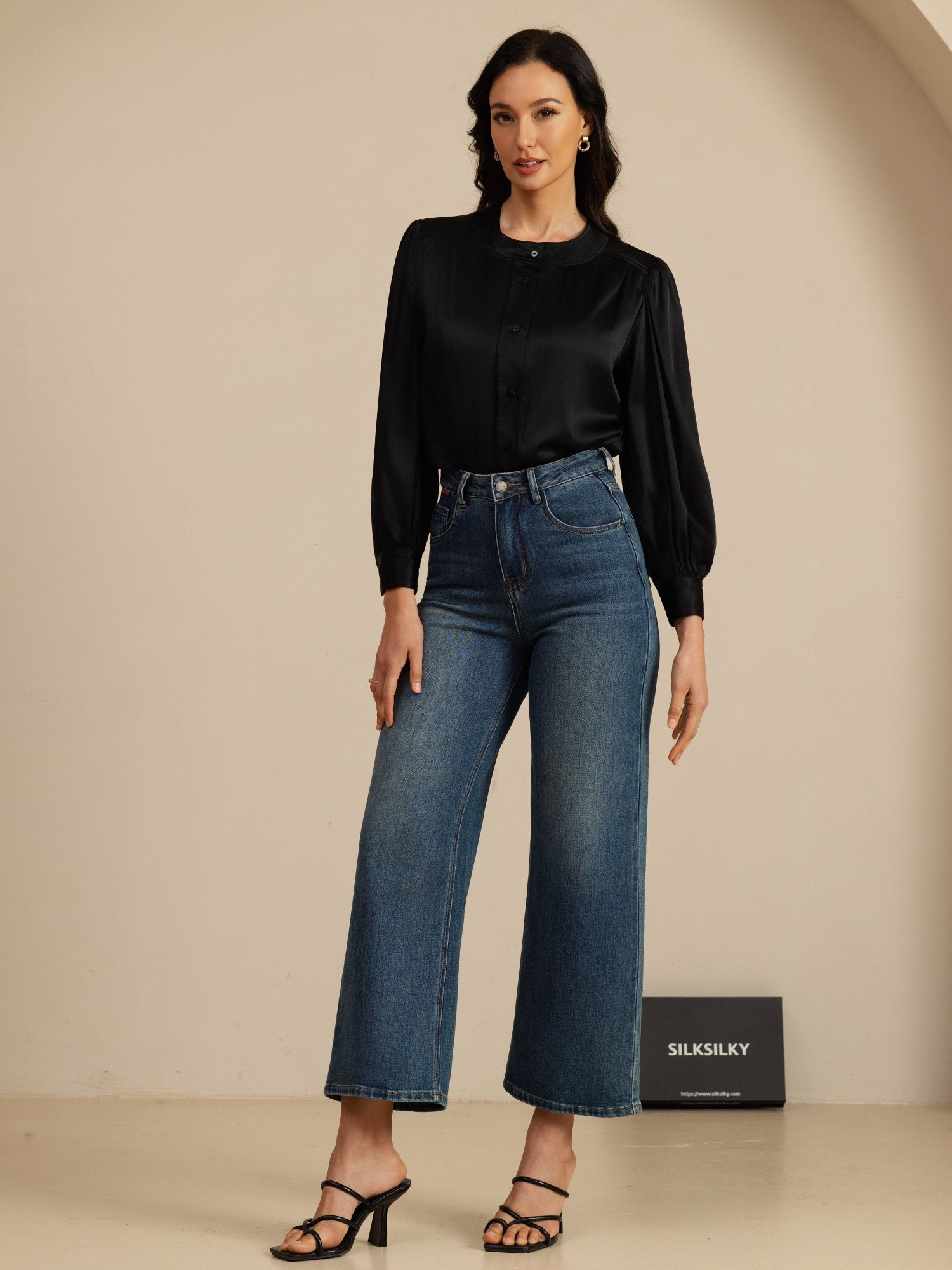[Zwart] SilkSilky-NL 19Momme Long Sleeve Round Neck Blouse 006