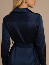 [Donkerblauw] SilkSilky-NL Long Sleeve Lapel Collar Jurk 005