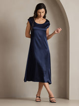 [Donkerblauw] SilkSilky-NL Kapmouwtjes Diepe Ronde Hals Jurk 006