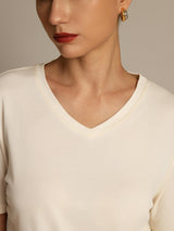 [Beige] SilkSilky-NL Korte Mouw V Hals Dames T-Shirt 003
