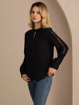[Zwart] SilkSilky-NL Long Sleeve Keyhole Neck Blouse 004