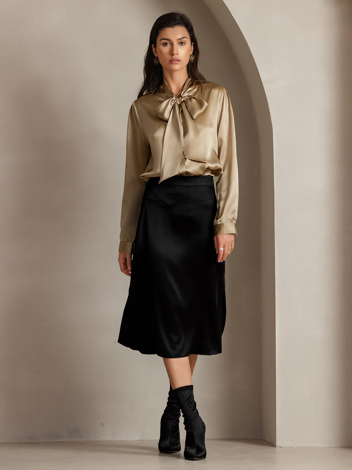 [Champagne] SilkSilky-NL 19Momme Zijde Lange Mouw Binda Hals Dames Blouse 005