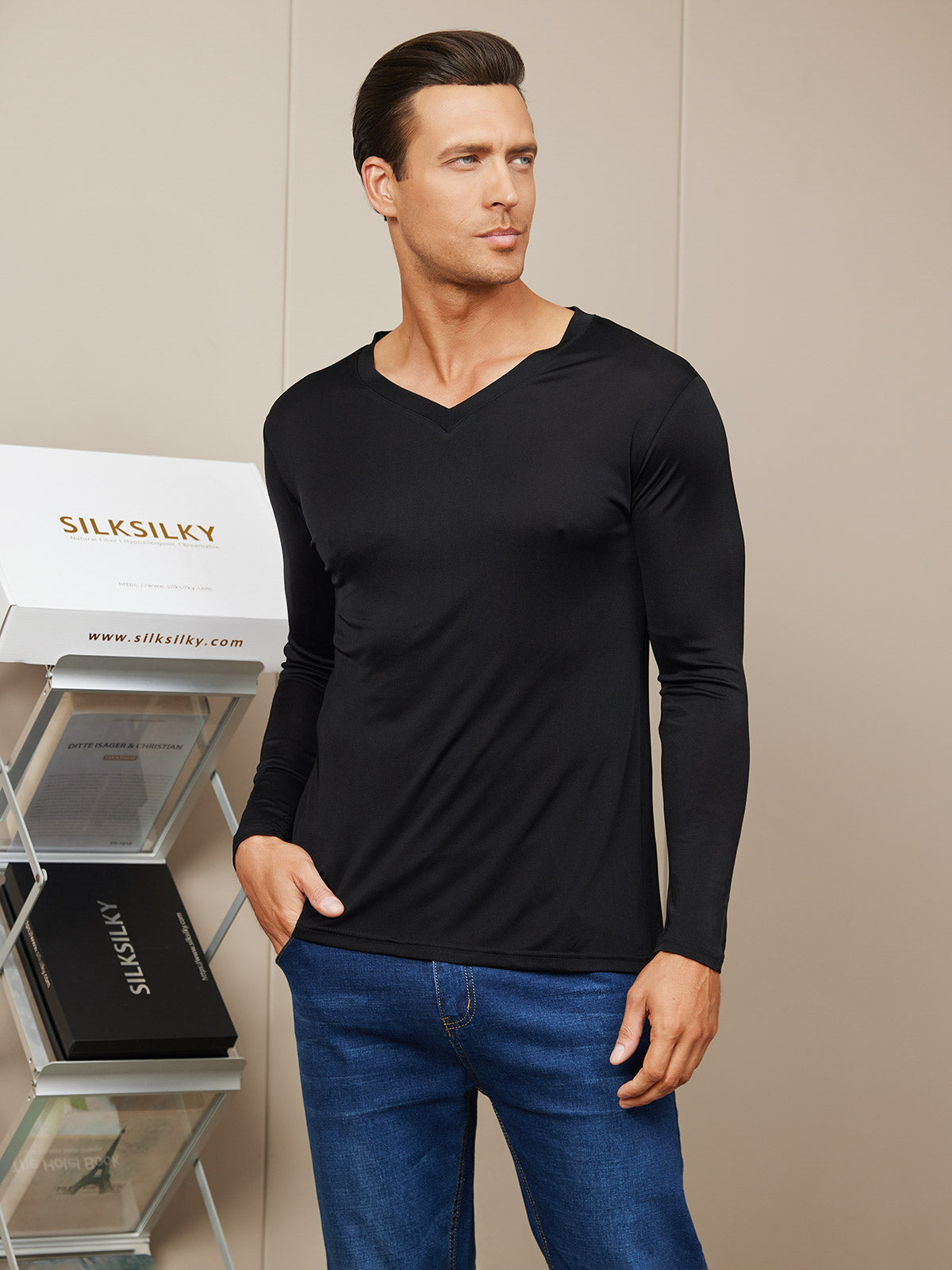 [Zwart] SilkSilky-NL Zijde Gebreid Lange Mouw V-Hals Heren T-Shirt 003