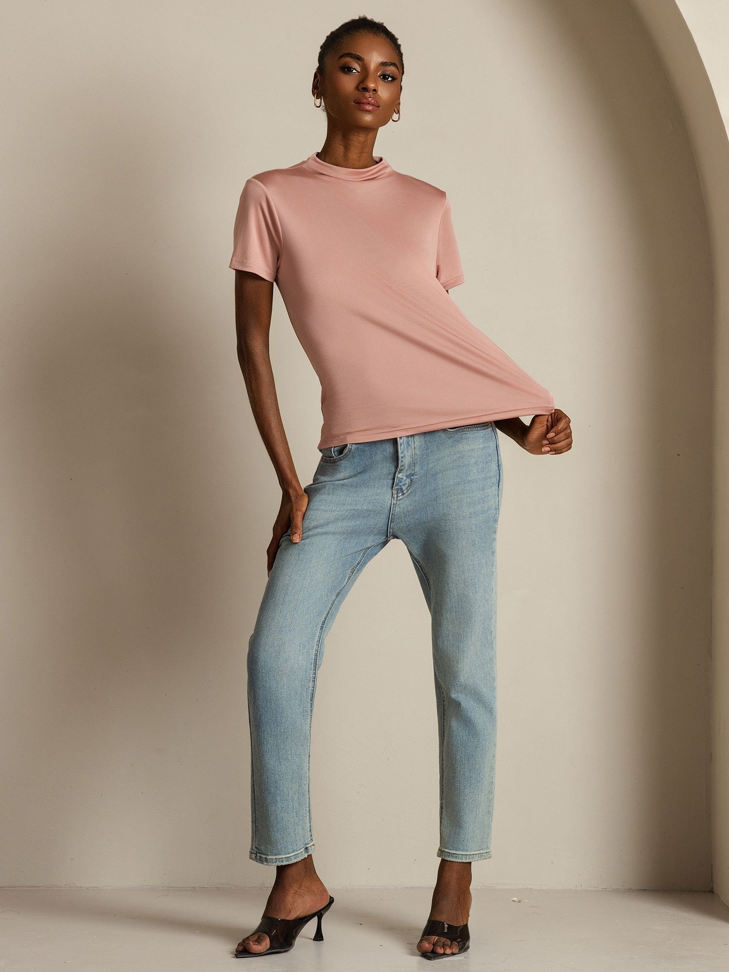 [Roze] SilkSilky-NL Korte Mouw Col Montant Dames T-Shirt 004