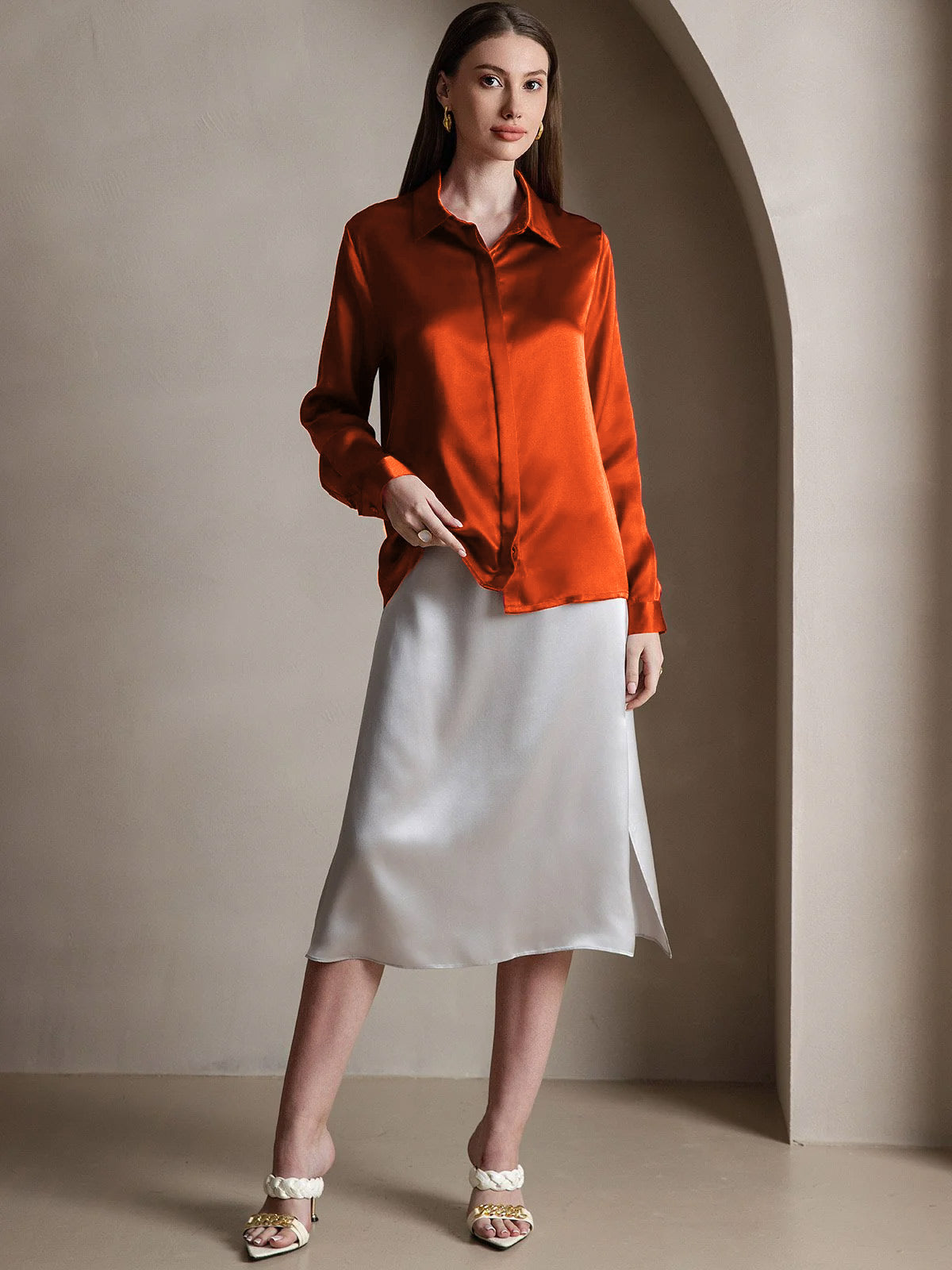 [Karamel] SilkSilky-NL 19Momme Zijde Lapel Collar Dames Blouse 005